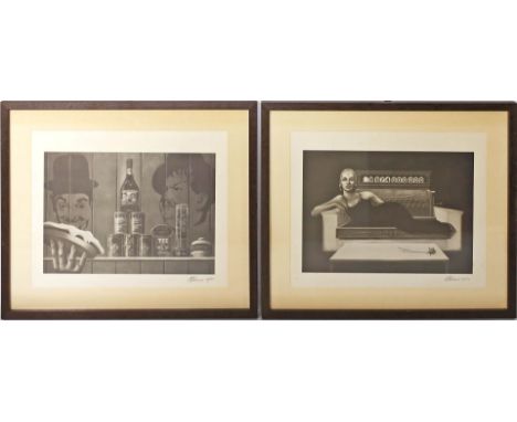 Holmes, John (geb. 1935 in London) 2 Arbeiten: "Kasse" und "Dick und Doof". Lithographien (l. Altersspuren, fleckig), je re. 