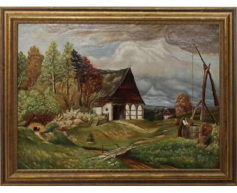 Monogrammist "K.L." (20./21. Jh.) Bäuerin an Brunnen vor Bauernhaus, bei aufziehendem Gewitter. Öl/Lwd., re. u. monog. 60x 80