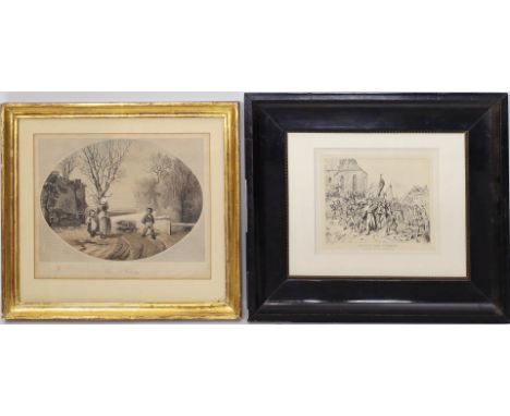 2 gerahmte Stiche/Lithographien (19. Jh.) "Der erste Wintertag" und "Auszug der Tyroler", je in PP. und R. Gesamtmaß 30x 34 b