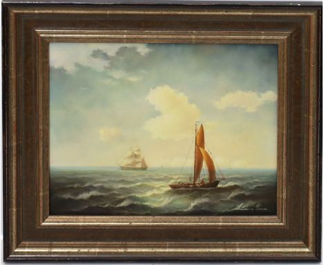 Exner, Antoine (geb. 1927 Saarbrücken) Seestück mit Fischerbot und Zweimaster. Öl/Holz, re. u. sign. Ca. 24x 30 cm. R.