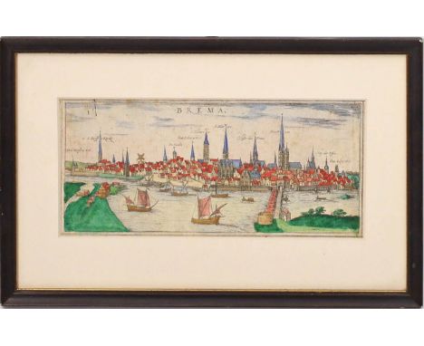 Kupferstich (um 1585) Ansicht von Bremen mit farbigem Kolorit. Aus Braun & Hagenberg, Ausgabe 1585. Altersspuren. Ca. 10x 23 
