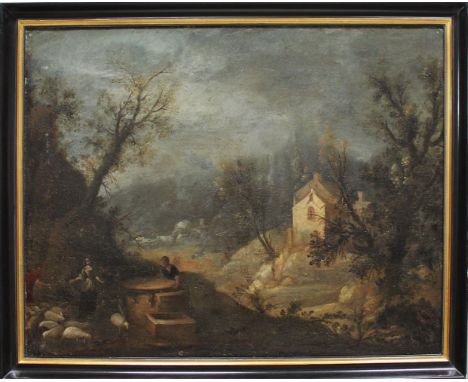 Unbekannter Maler (17./18. Jh.) Biblische Szene einer Landschaft mit Paar und Schafen an einem Brunnen. Öl/Lwd. (Altersspuren