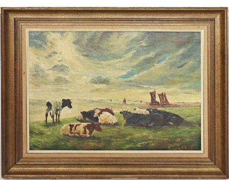 Unbekannter Maler (20. Jh.) Kühe an Meeresküste mit Booten im Hintergrund. Öl/Lwd. 50x 70 cm. R.