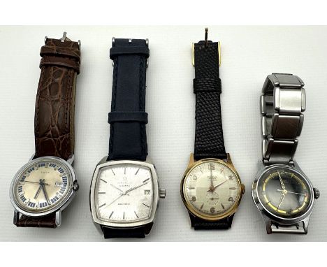4 Herrenarmbanduhren. Runde bzw. quadratische Edelstahlgehäuse, 1x vergoldet. Verschiedene Hersteller und Ausführungen. Dabei