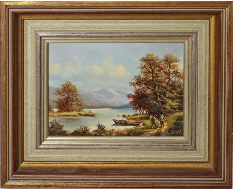 Zank, Gerhard (geb. 1937 Pommern) Wanderer am Alpensee. Öl/Holz, re. u. sign. 13x 18 cm. R.