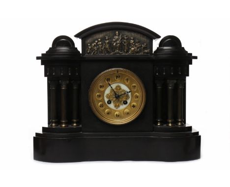 VICTORIAN BLACK SLATE ARCHITECTURAL MANTEL CLOCK the pediment with inset gilt metal Neoclassical frieze, the dial with Arabic