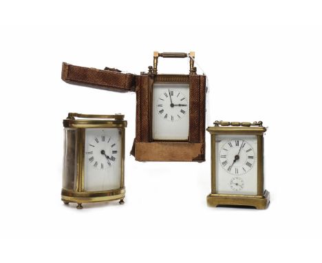LATE 19TH CENTURY BRASS CASED CARRIAGE CLOCKwith enamel Roman numerial dial, platform escapement, 16.5cm high, contained in a