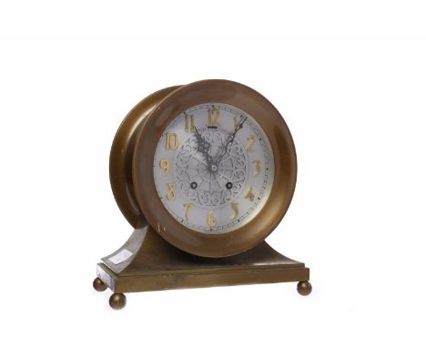 SHIP'S BELL MANTEL CLOCK RETAILED BY SORLEY OF GLASGOWwith silvered chapter ring with gilt metal applied Arabic numerals enci