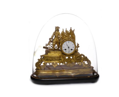 LATE 19TH CENTURY FRENCH GILT METAL MANTEL CLOCK the enamel dial with Roman numerals and pierced moon hands, two front windin