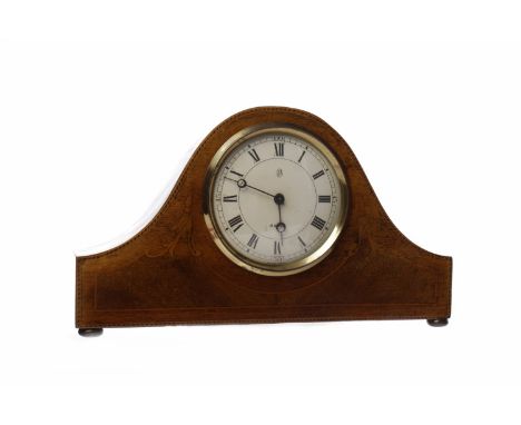 EDWARDIAN MAHOGANY MANTEL CLOCK the Roman numeral dial with pierced blued steel moon hands, the backplate stamped 'A1026', 25