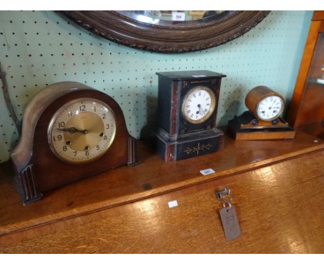 A Victorian slate and marble mantle clock, together with a further mantle clock signed J W Benson, Ludgate Hill and a Smith's