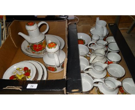 Two boxes containing a quantity of 1970's era Midwinter tablewares, to include: teapot, coffee pot, oval dishes, milk jugs an