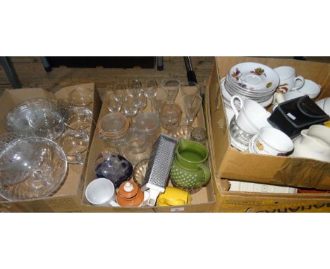 Four boxes containing decorative ceramics and glass, to include: Royals Worcester Evesham teawares, wine glasses, fruit bowls