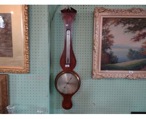 An Edwardian banjo barometer, having inlaid urn and foliate decoration (100cm).