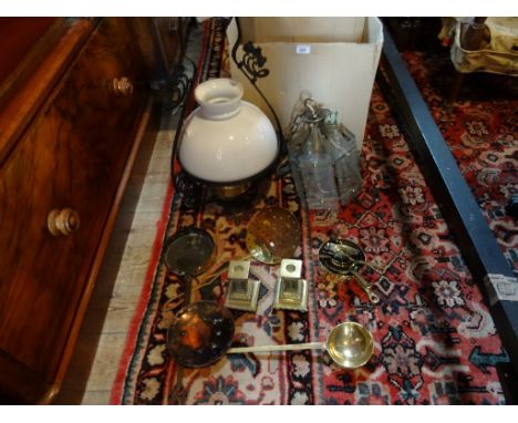A ceiling oil lamp, converted to electricity, having opaline mushroom shade, together with a hexagonal glass hall lantern and