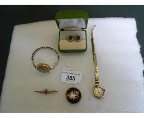 Two 9ct gold cased wristwatches, together with a pair of garnet and seed pearl earrings, a tortoiseshell sweetheart brooch an
