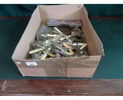 A box containing a large quantity of silver plated and other flatware, with other items of silver plate.