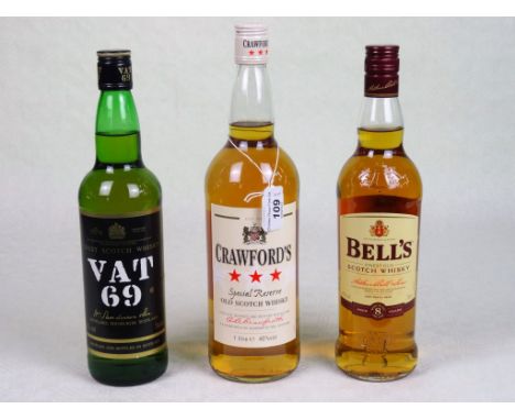 A bottle of Crawford's Old Scotch Whisky, 1ltr, together with a bottle of Bell's Scotch Whisky, 70cl and a bottle of VAT 69 S