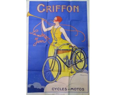An early 20th century advertising poster for Griffon Motorcycles & Cycles, depicting an elegant female holding a bugle, stand