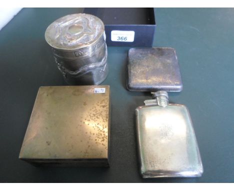 A silver cigarette box of square form, together with a further cigarette box, a silver hip flask and a Far Eastern white meta