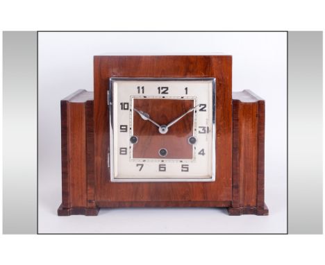 Art Deco Walnut Mantle Clock, with 8 Day Westminster Chimes, Striking and Chiming Movement. Working Order. 9.5 Inches High &a