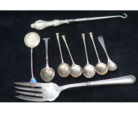 Silver bean spoons, silver handled button hook &amp; sterling silver fork 