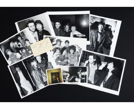 The Rolling Stones, seven 10"x8" black and white press photographs of band members, Splash post card addressed to Mike Reed (