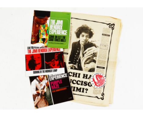 Jimi Hendrix,  I am Experienced' pin badge, sold with three US 45rpm single records - Come On Let The Good Time Roll (Yellow 