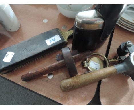 A selecction including barbers strop, scribe guage, hip flask and postal tool