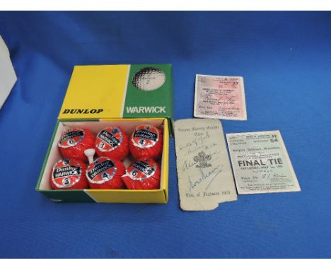 A box of six Dunlop Warwick golf balls, unopened, a 1951 Surrey Cricket Club fixture list bearing signature from Alec and Eri