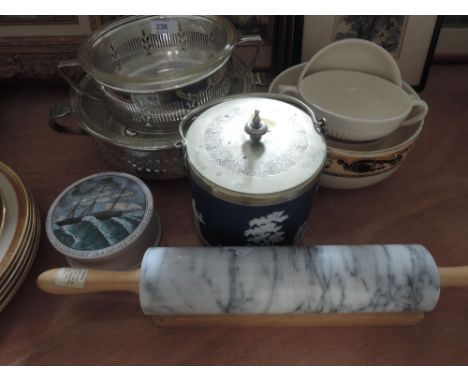 A selection of ceramics including Jasperware biscuit barrel, marble rolling pin etc