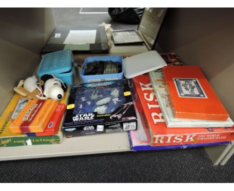 A shelf of mixed vintage toys and games including Pelham Snoopy puppet, Micro Machines, Star Wars set, Army Meccano etc