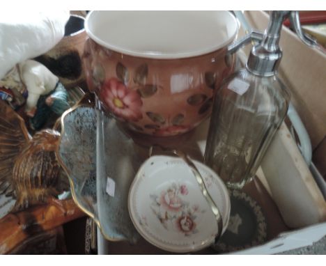 A box containing vintage Soda Syphon, planter, sleeve ironing board etc