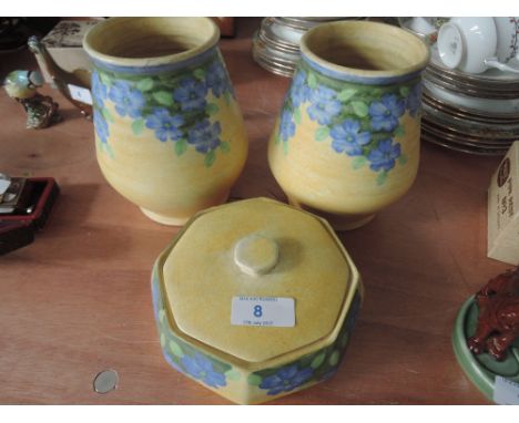 Two E Radford Vases with blue floral decoration 148/B9 and lidded pot 148.B.P signed E Radford, Burslam