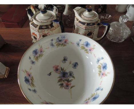 An M.J Woods teapot, water jug and stand, also floral ceramic bowl