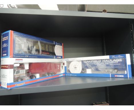 Three modern Corgi Limited Edition die-cast articulated wagons, N T Whitfield, Jos Millican and Oakfield Haulage, all boxed