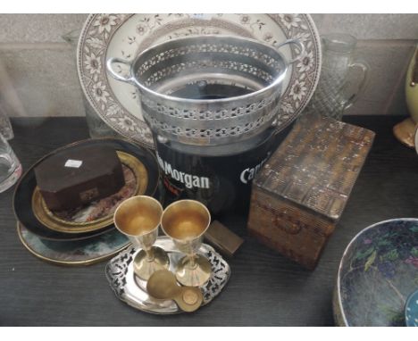 A selection of plated ware, vintage tin, badger hair brush etc