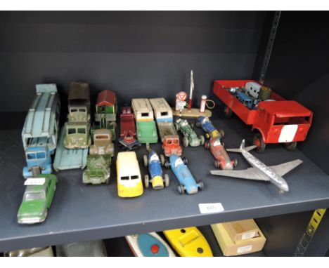 A selection of mixed die-casts and accessories including Dinky car transporter and ramp, Corgi Morris Cowley, Dinky Toys van,