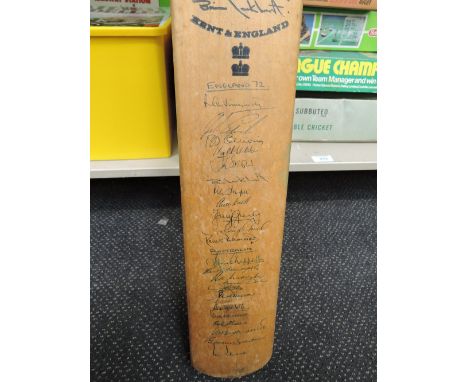 A Lillywhite Frowd vintage cricket bat bearing signatures from England and Australia 1972 teams, Kent, Surrey and Derbyshire 