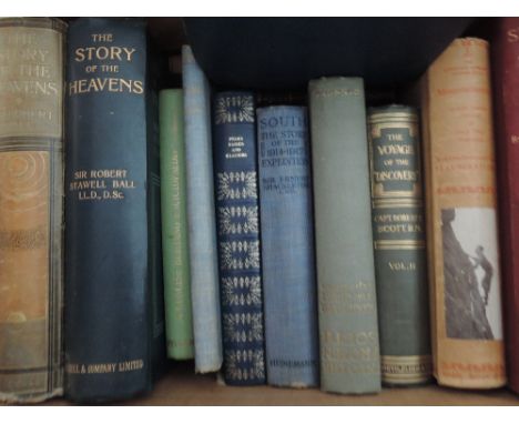 A box of vintage volumes Early exploration and mountaineering interest, also The Story of the Heavans by Sir Robert Ball. Lis