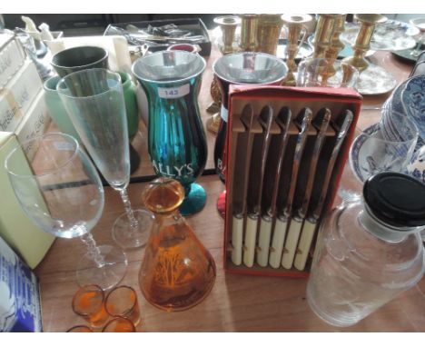 A selection of glassware including Hunting decanter and glasses, etched cocktail shaker with ceramic top etc