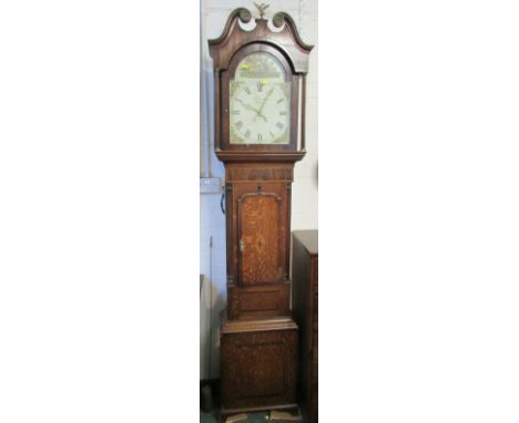 An early 19th century thirty-hour oak and mahogany long case clock, enamelled dial (diameter 29.5cm) signed Deacon Barton, pa