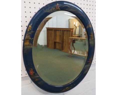 Chinese oval bevelled mirror with blue wooden frame, hand-painted with figures and scenery, dimensions of glass 36.5cm x 29cm