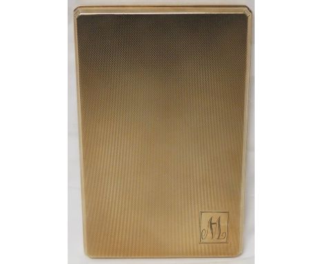 9 carat gold engine turned cigarette case, engraved initial M to small rectangular reserve in corner of lid, the interior wit