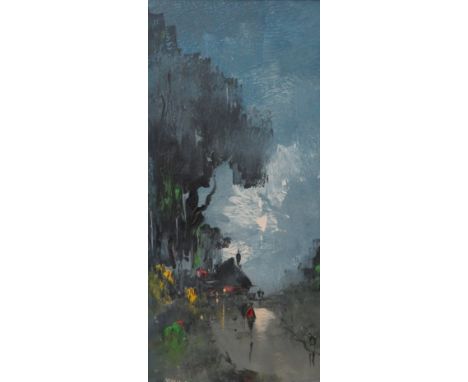 Trees, house and figures, oil on board, (59cm x 29cm), signed DEAKINS lower left, in a white painted wooden frame, to the bac
