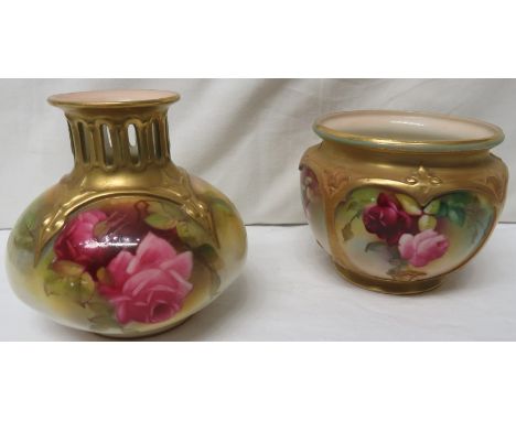 Royal Worcester gilded vase and jardiniere each decorated with roses, the vase with pierced neck, height 10cm, puce factory m