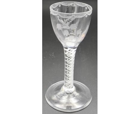 Jacobite influence wine glass with double series opaque twist stem, the bowl engraved with lily of the valley, height 13.3cm,