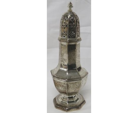 Adie Brothers Ltd silver sugar caster, octagonal baluster form on octagonal foot, dome top with square finial, marks for Birm