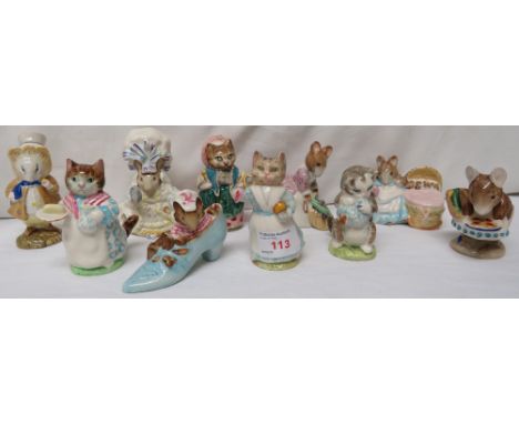 Ten Beatrix Potter Beswick figures, brown backstamps - The Old Woman who lived in a shoe, Hunca Munca Sweeping, Appley Dapply