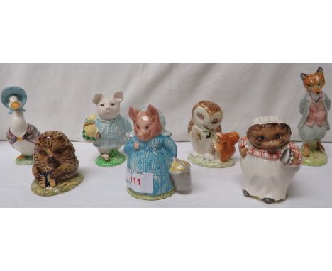 Seven Beatrix Potter Beswick figures, brown backstamps - Mrs Tiggywinkle, Old Mr Pricklepin, Foxy Whiskered Gentleman, Jemima